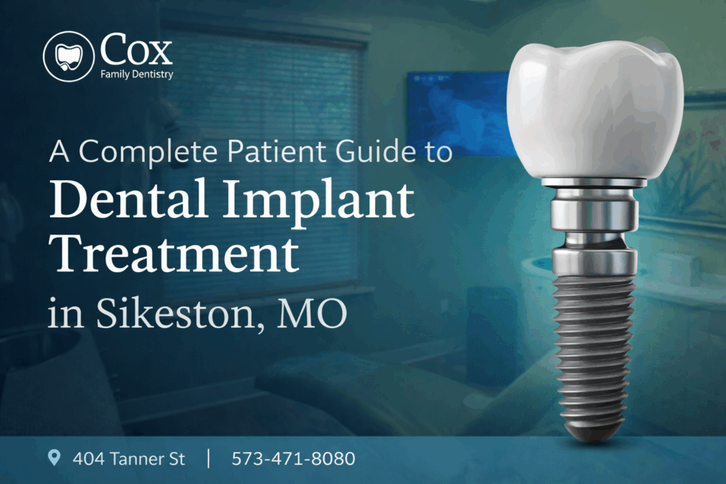 Dental implant illustration shown in a treatment room for a complete patient guide to dental implant treatment at Cox Family Dentistry in Sikeston, Missouri