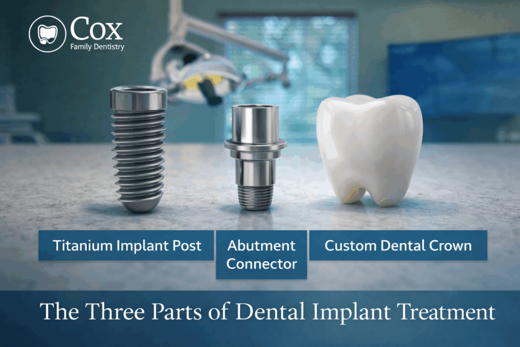 Three components of dental implant treatment including a titanium implant post, abutment connector, and custom dental crown displayed in a clinical setting